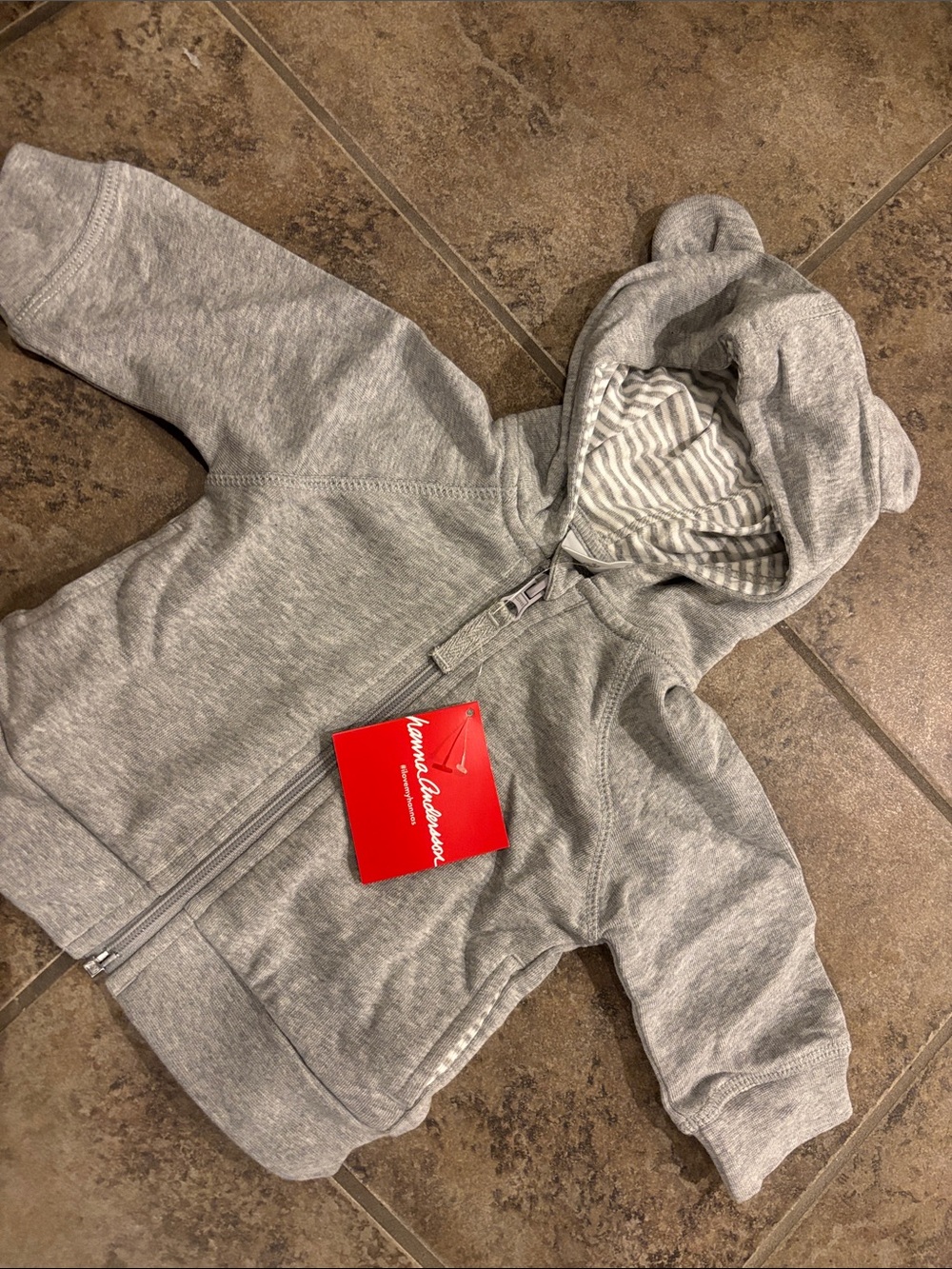 Hanna Andersson Light Gray Zip Hooded Sweatshirt with Striped Lining